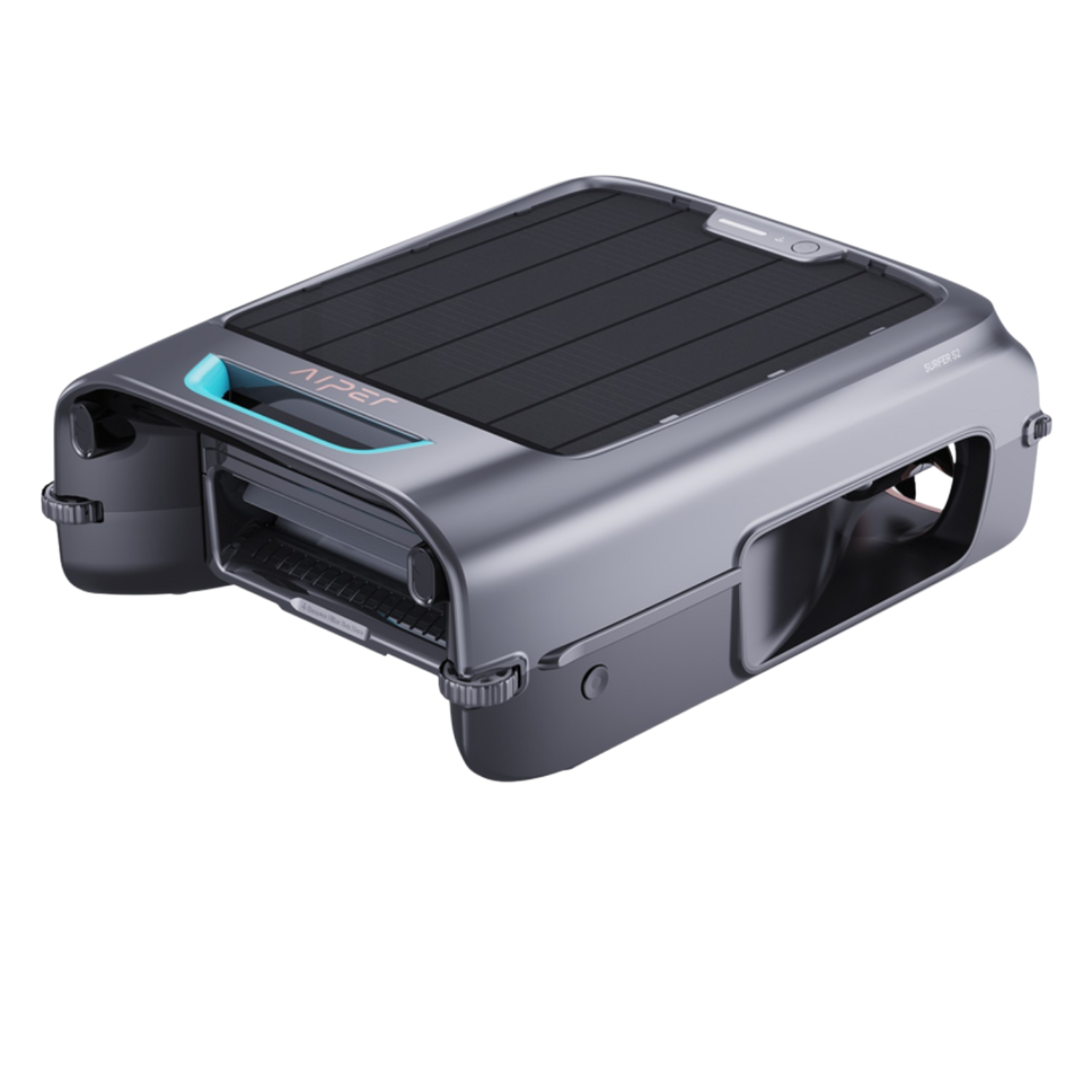 Aiper Surfer S2 robotic pool surface cleaner in grey with solar panel top and teal accent light