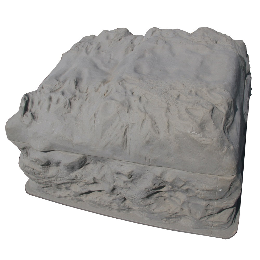 Grey faux rock pump box cover with textured stone surface finish and hinged lid design, square shape