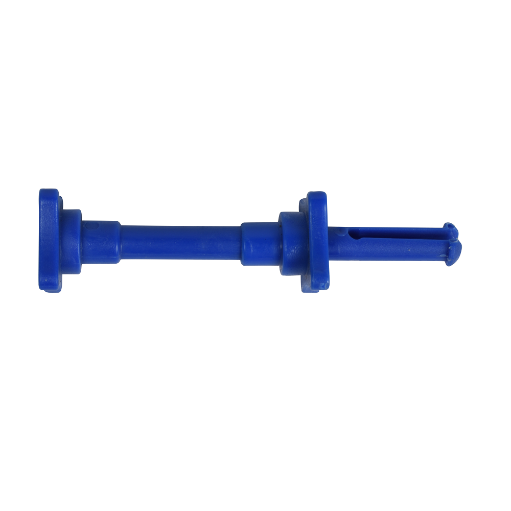 Blue plastic float pin with circular flange base, central shaft, locking collar, and split-tip end for pool cleaner installation
