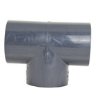 Grey PVC T-piece pipe fitting 63mm with three socket ends and moulded markings on white background
