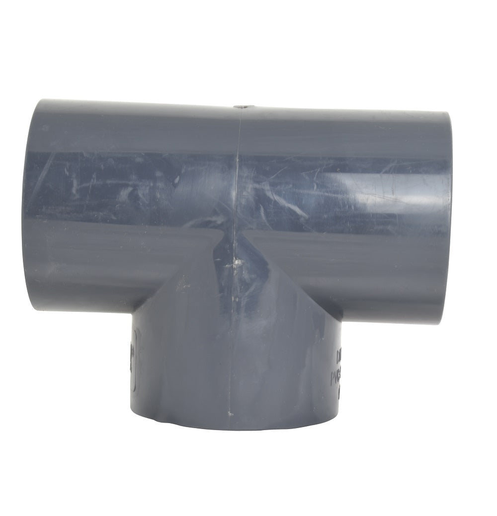 Grey PVC T-piece pipe fitting 63mm with three socket ends and moulded markings on white background