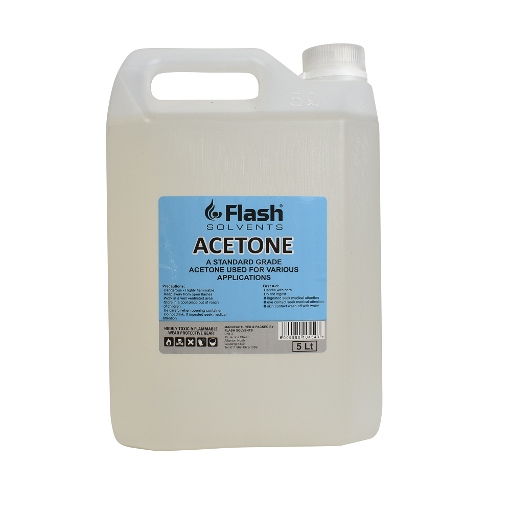 Flash Solvents Acetone 5-litre clear plastic jerry can with blue label and white screw cap, on white background