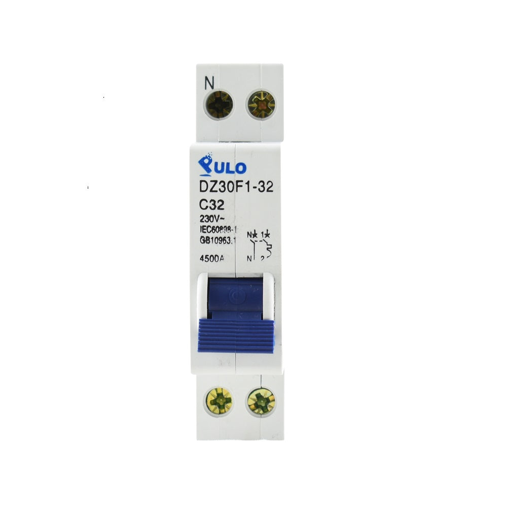 Single-pole MCB PULO DZ30F1-32 C32 230V miniature circuit breaker with blue toggle switch and brass terminal screws, white casing