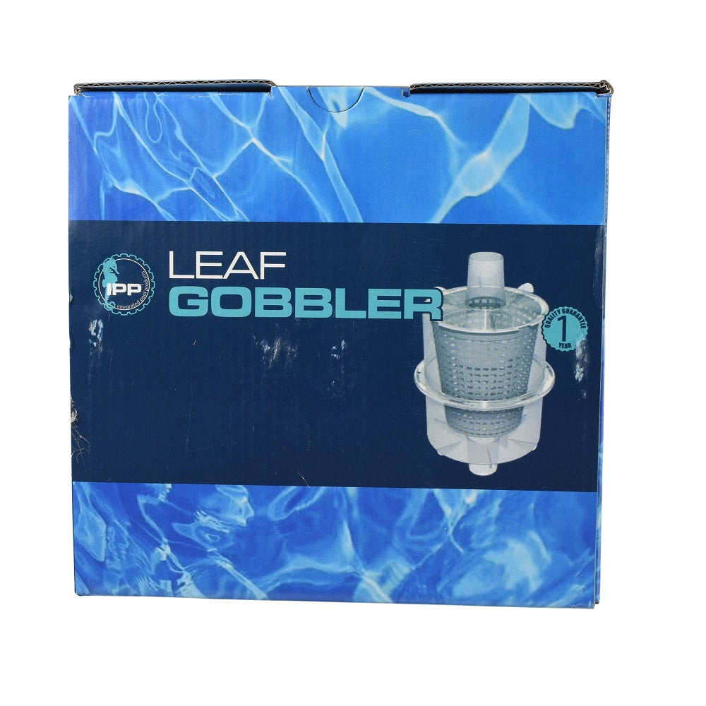 IPP Leaf Gobbler inline pool leaf catcher in blue and navy retail box with product image and 1-year guarantee badge