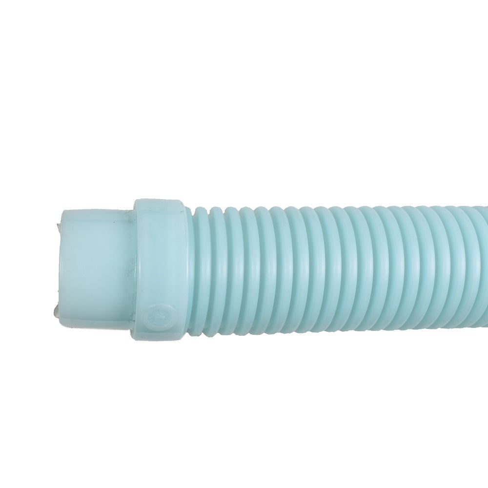 Light blue corrugated plastic pool cleaner leader hose with threaded connector fitting for Kreepy Krauly Bullshark