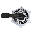 Jetco 6-way multiport valve top with black rotary handle and white mounting flange, showing filter setting positions on dial