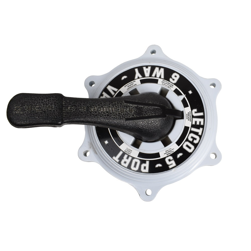 Jetco 6-way multiport valve top with black rotary handle and white mounting flange, showing filter setting positions on dial