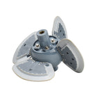 Grey plastic pool cleaner engine assembly with three folding paddle blades, central hex shaft, and metal bolt fixings for Zodiac MX8