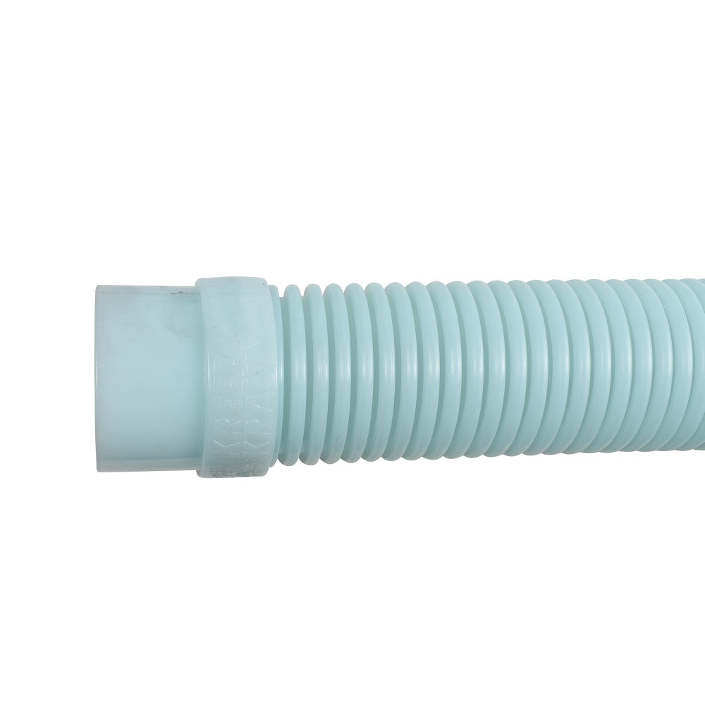 Light blue corrugated pool cleaner hose with ribbed flexible body and threaded end connector fitting