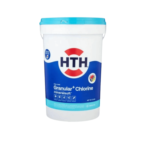 HTH Granular+ Chlorine Mineralsoft 25kg white plastic bucket with blue label and teal lid, on white background