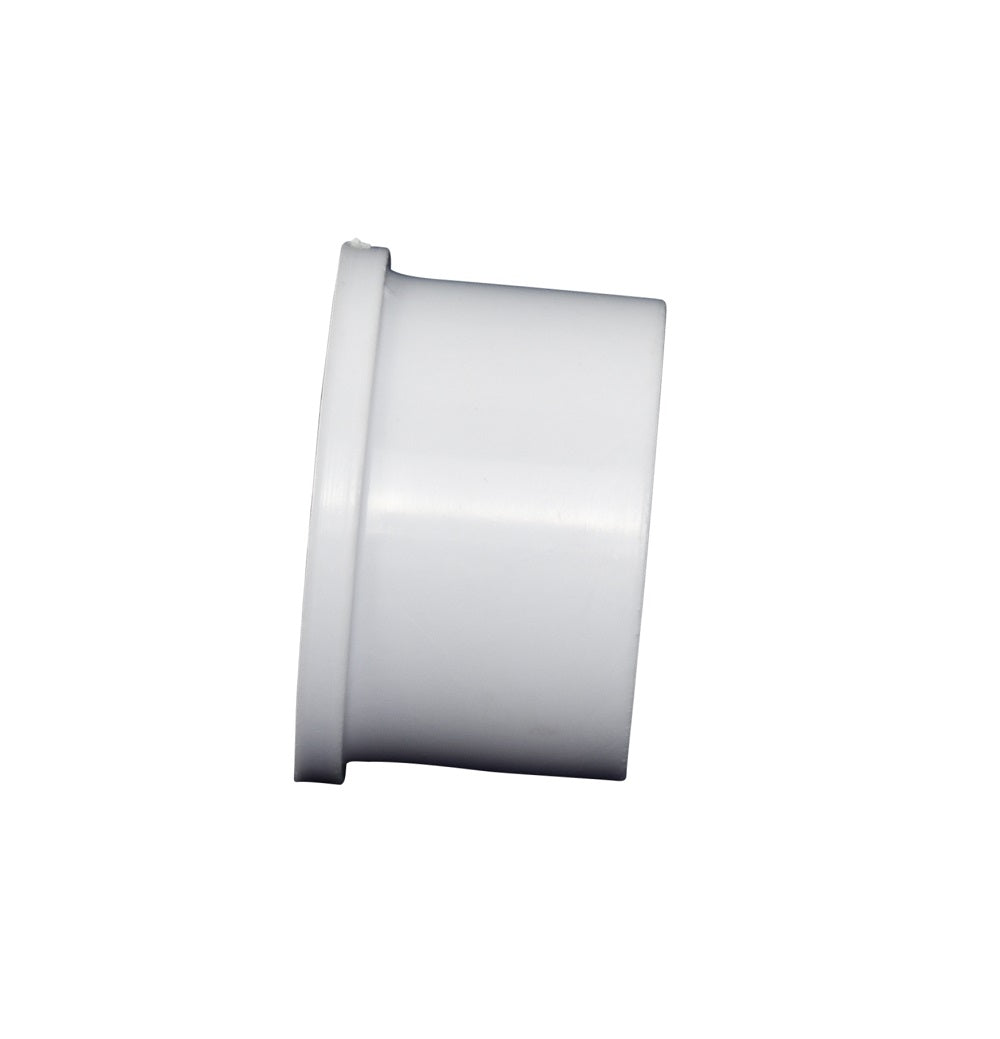 White PVC 32mm end cap pipe fitting with smooth cylindrical body and flat flanged rim, side profile view