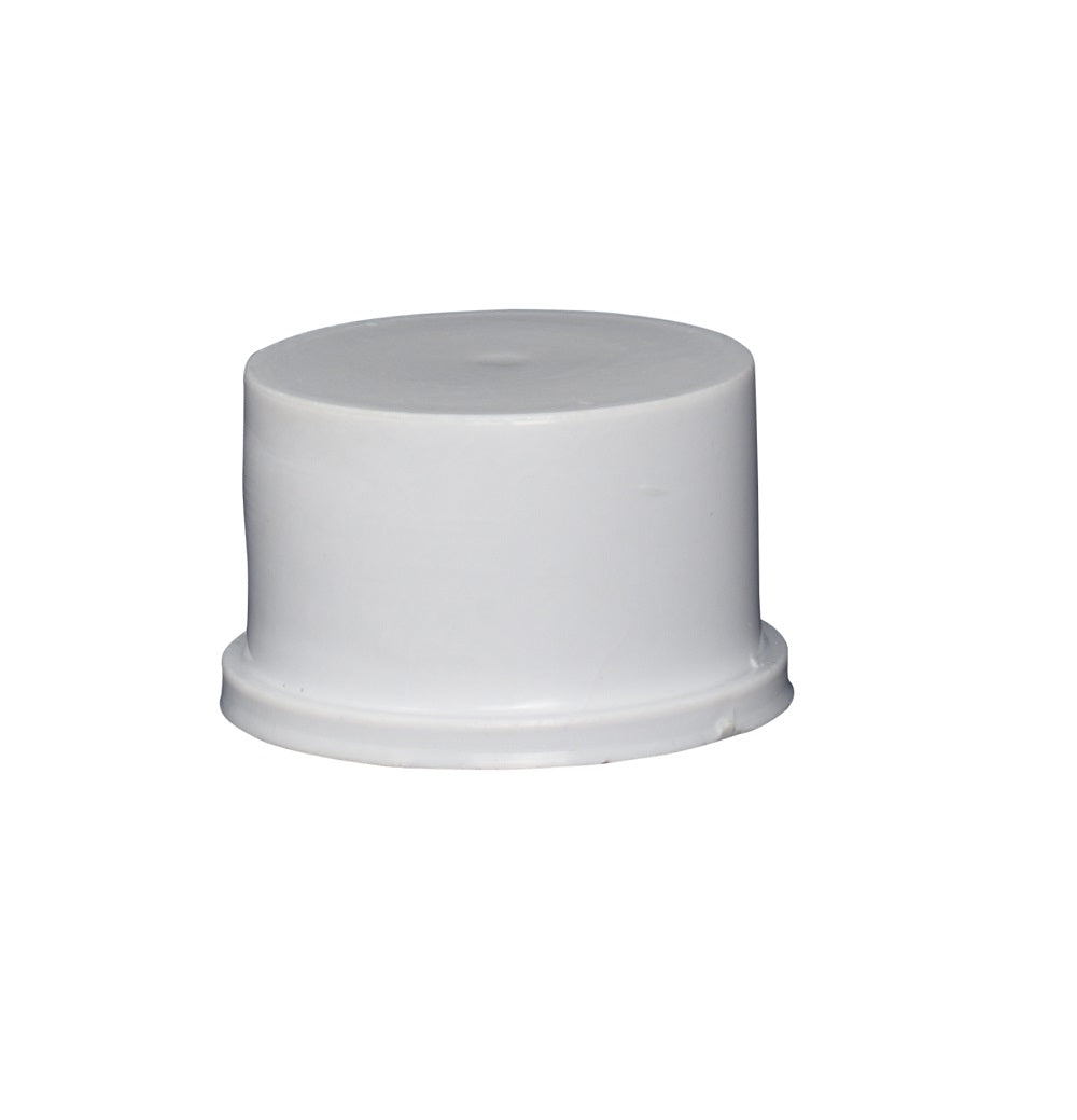 White plastic PVC 32mm end cap fitting with smooth cylindrical body and flanged base