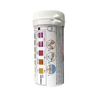 White plastic tub of Aqua Pro 4 in 1 Test Strips showing colour-chart label for stabiliser and alkalinity readings