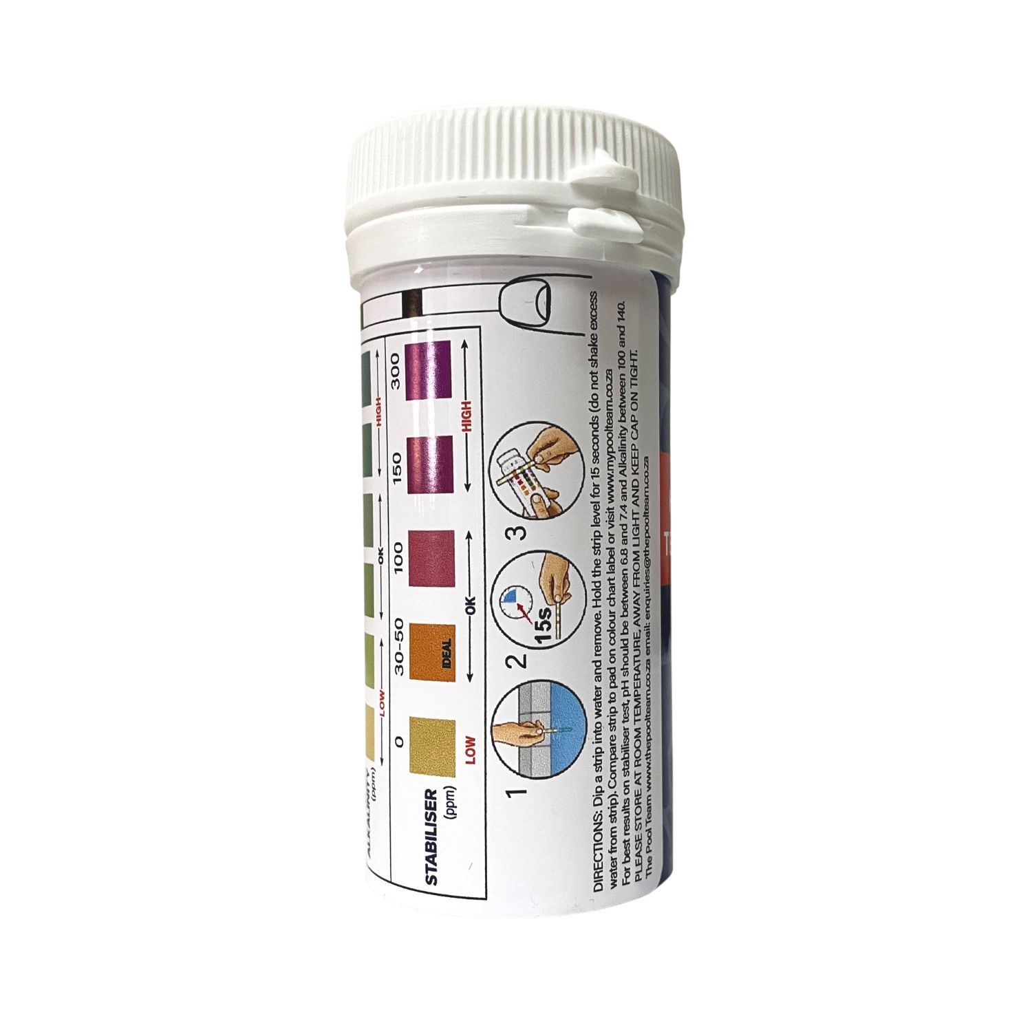 White plastic tub of Aqua Pro 4 in 1 Test Strips showing colour-chart label for stabiliser and alkalinity readings