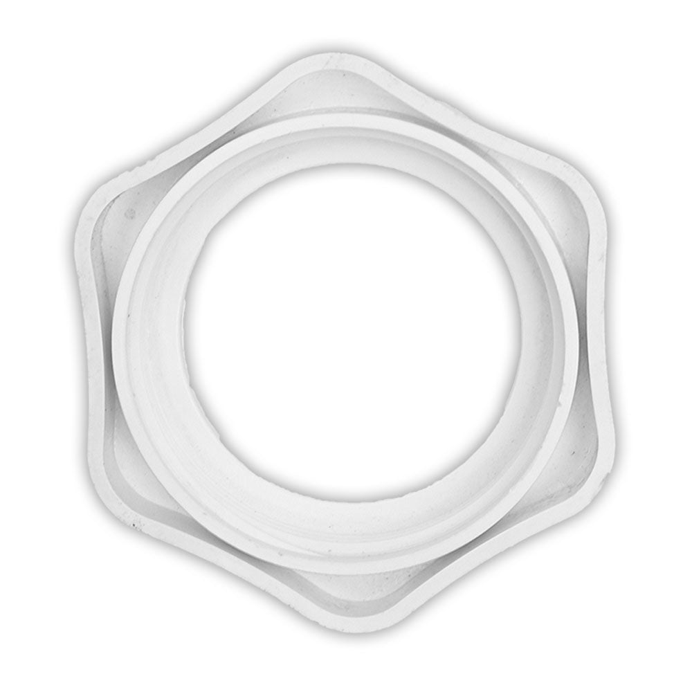 White plastic ring nut with hexagonal scalloped outer edge and circular centre opening, viewed from above