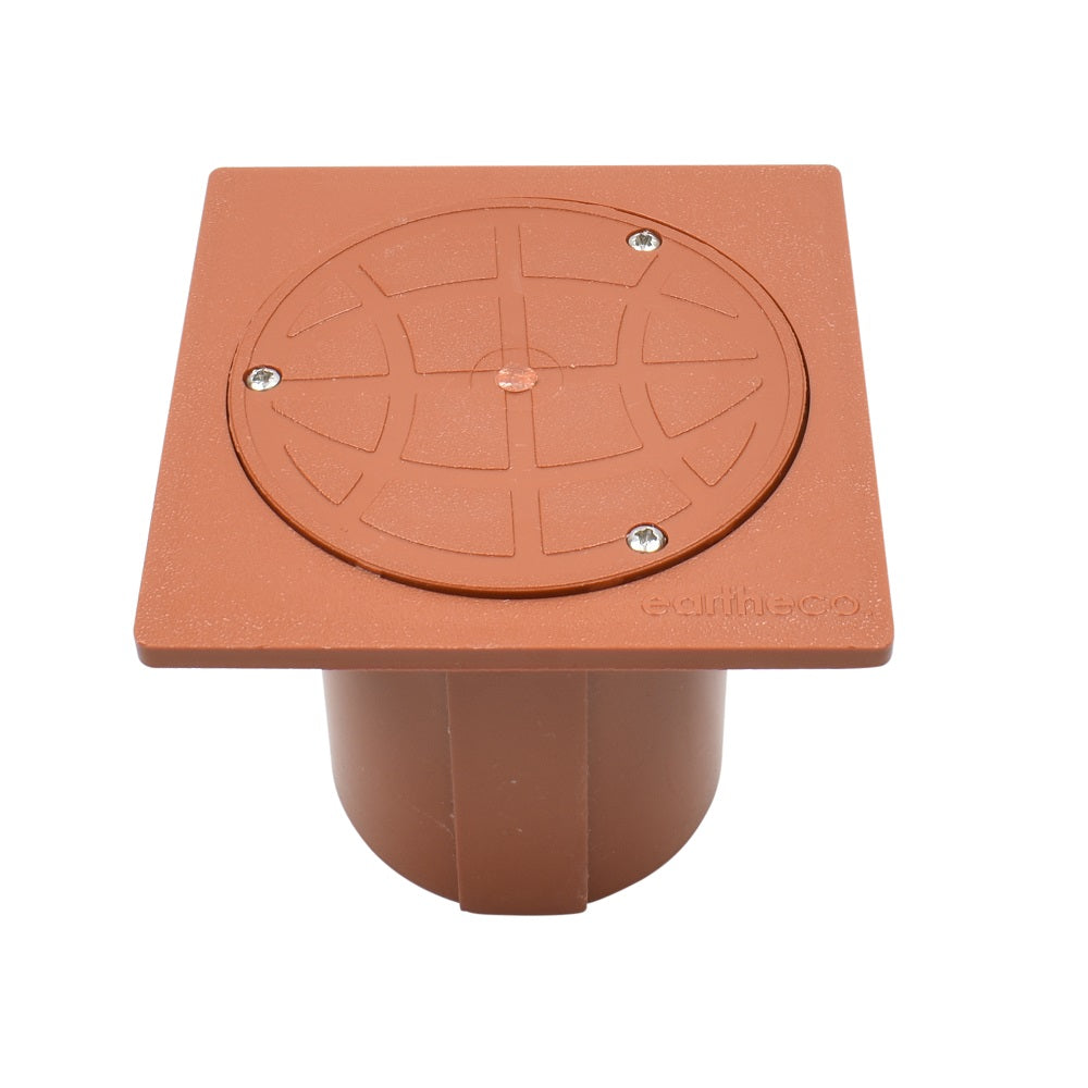 Terracotta square floor box with circular screw-fix grate lid and cylindrical conduit body, Eartheco branded electrical deck box