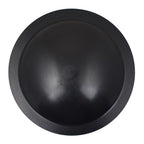 Black plastic bottom drain 110mm with domed centre and flat flanged rim, viewed from above on white background