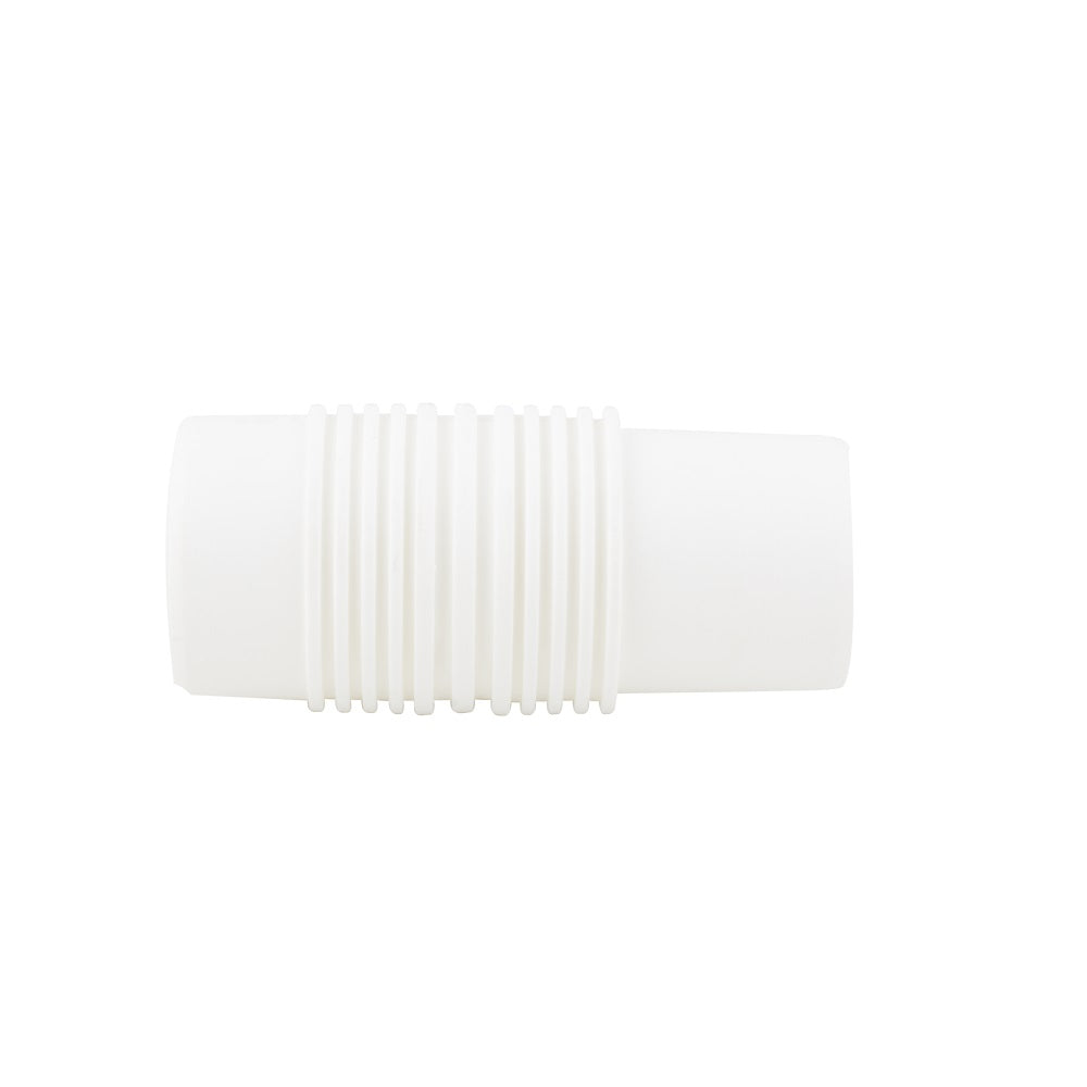 White plastic universal hose connector with ribbed flexible mid-section and smooth tapered ends for vacuum cleaners