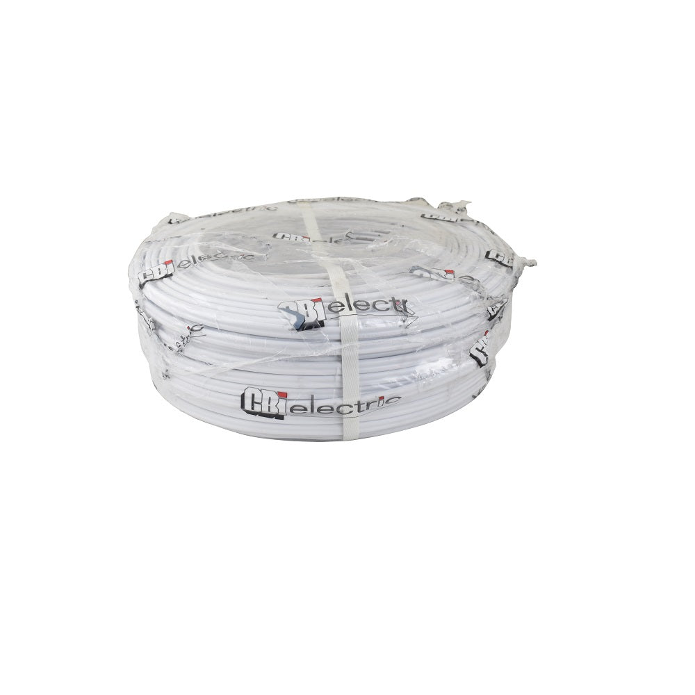 CBI Electric white 2.5mm twin and earth flat cable coiled and wrapped in branded packaging on white background
