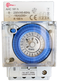 Eartheco AHC 181h analogue quartz DIN rail time switch with blue 24-hour dial, clear cover, 230V 16A rating