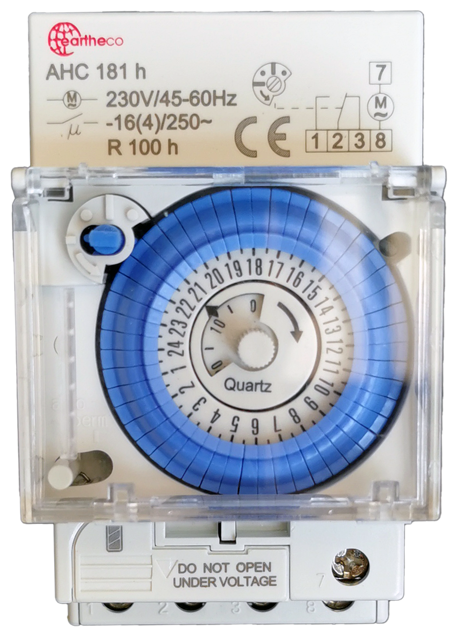 Eartheco AHC 181h analogue quartz DIN rail time switch with blue 24-hour dial, clear cover, 230V 16A rating