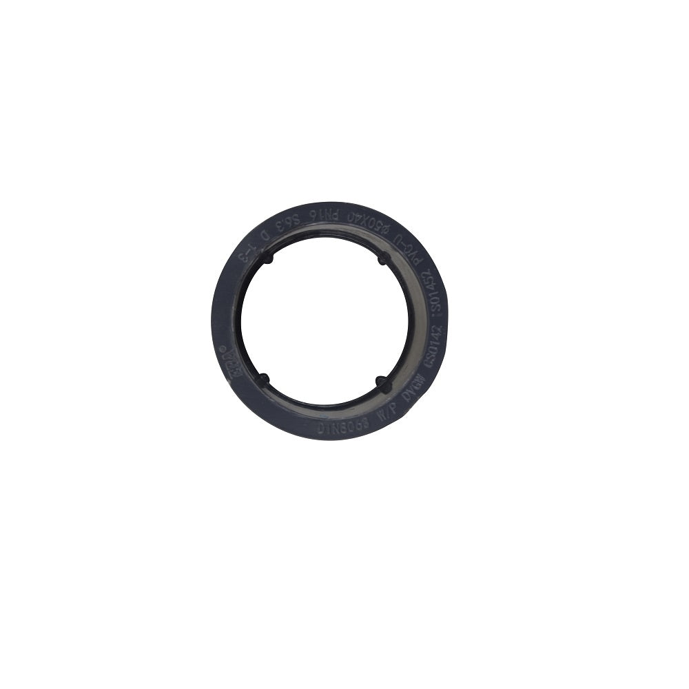 Black PVC pipe reducer ring 50mm to 40mm with embossed text markings and notched inner edge