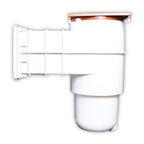 White plastic pool skimmer weir assembly with terracotta-edged top plate and side wall flange fitting