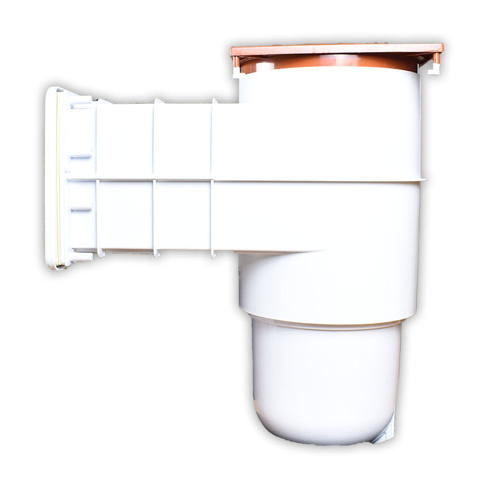 White plastic pool skimmer weir assembly with terracotta-edged top plate and side wall flange fitting
