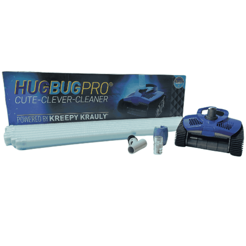 Kreepy Krauly Hug Bug Pro pool cleaner kit with blue and black robotic unit, hose sections and fittings beside retail box