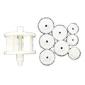 White plastic gear repair kit with spool-shaped drive shaft and seven toothed replacement gears for Kreepy Krauly Dominator pool cleaner