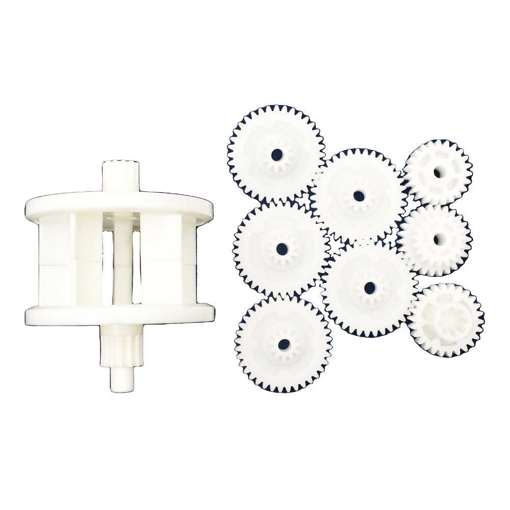 White plastic gear repair kit with spool-shaped drive shaft and seven toothed replacement gears for Kreepy Krauly Dominator pool cleaner