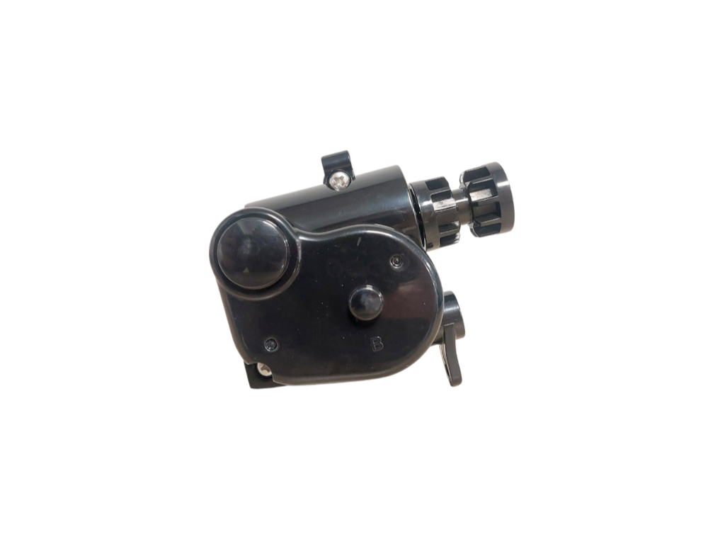 Zodiac AX20 Gearbox Side B, black plastic housing with knurled adjustment dial and metal clips, isolated on white