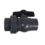 Grey PVC union ball valve 50mm with black lever handle and threaded union end on white background