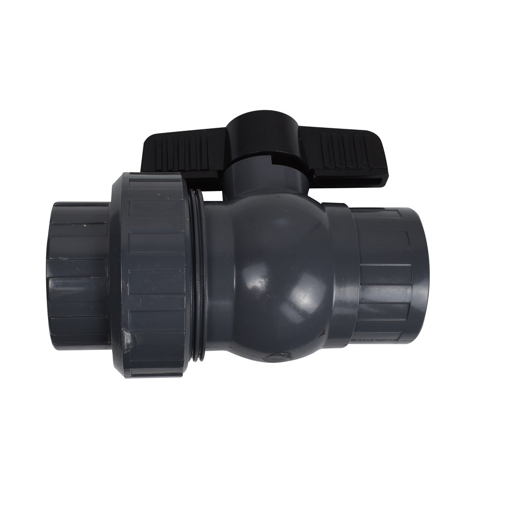 Grey PVC union ball valve 50mm with black lever handle and threaded union end on white background