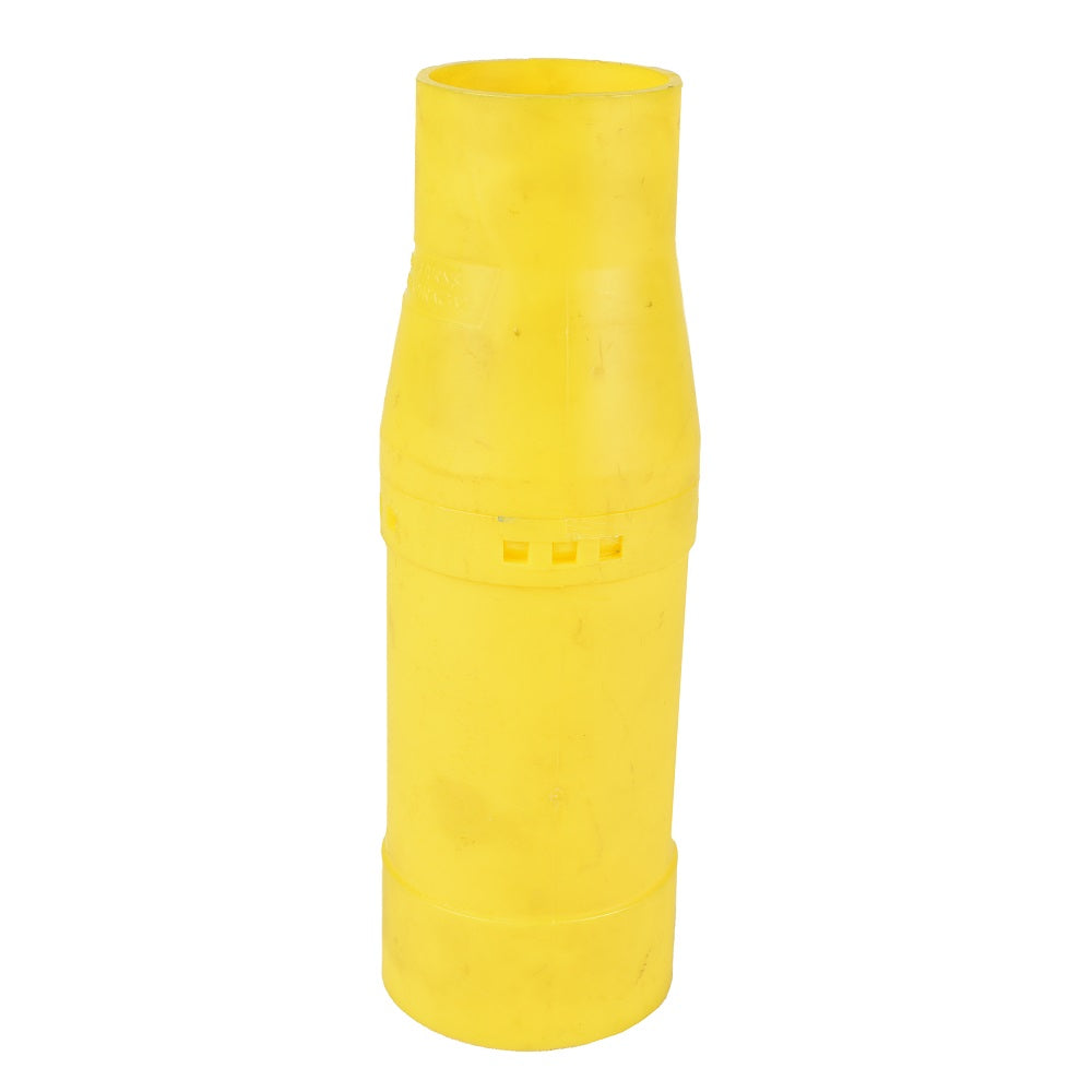 Yellow plastic lower cassette chamber with cylindrical body, tapered neck, and square ventilation slots at midsection