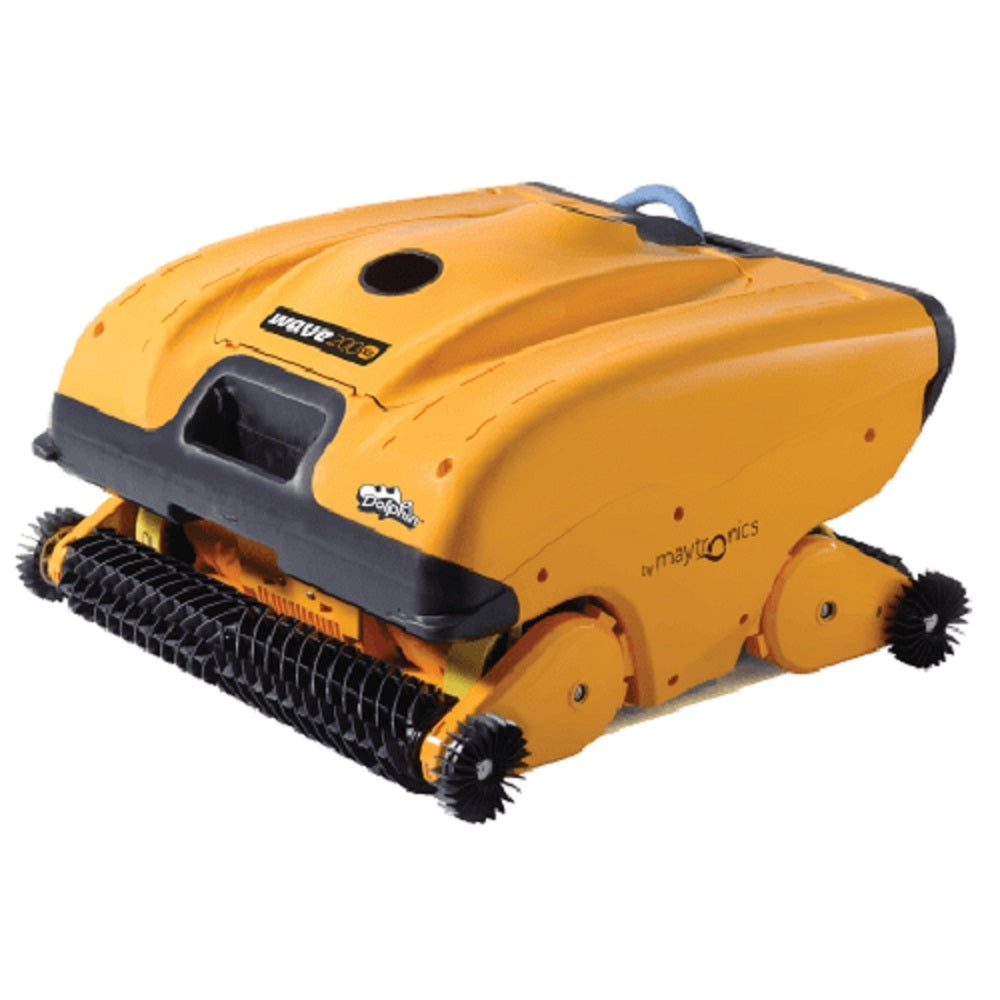 Dolphin Wave 200 robotic pool cleaner in yellow with black track drive and rotating side brushes, on white background