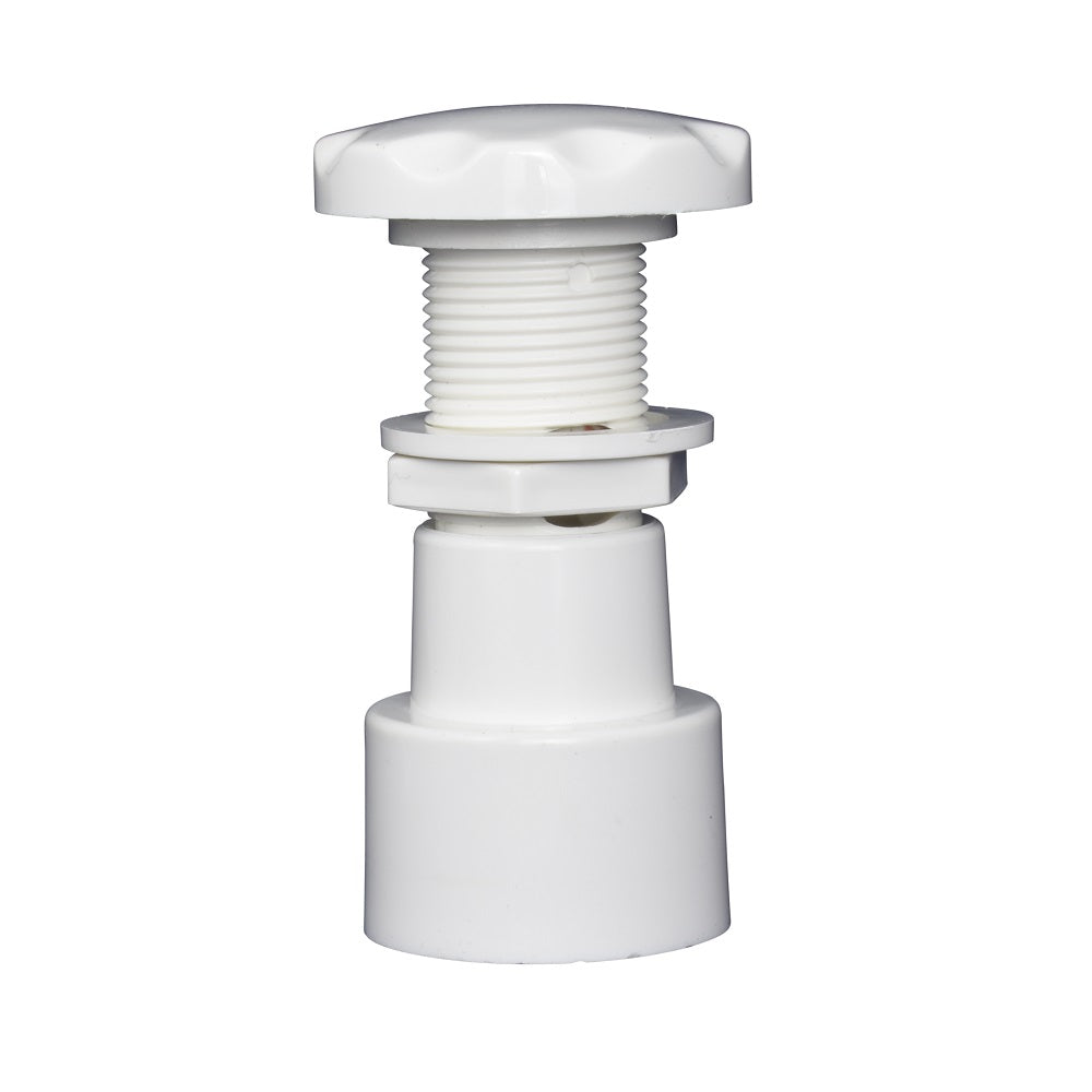 White plastic air control valve with threaded shaft, square top cap, locking nut, and tapered base fitting