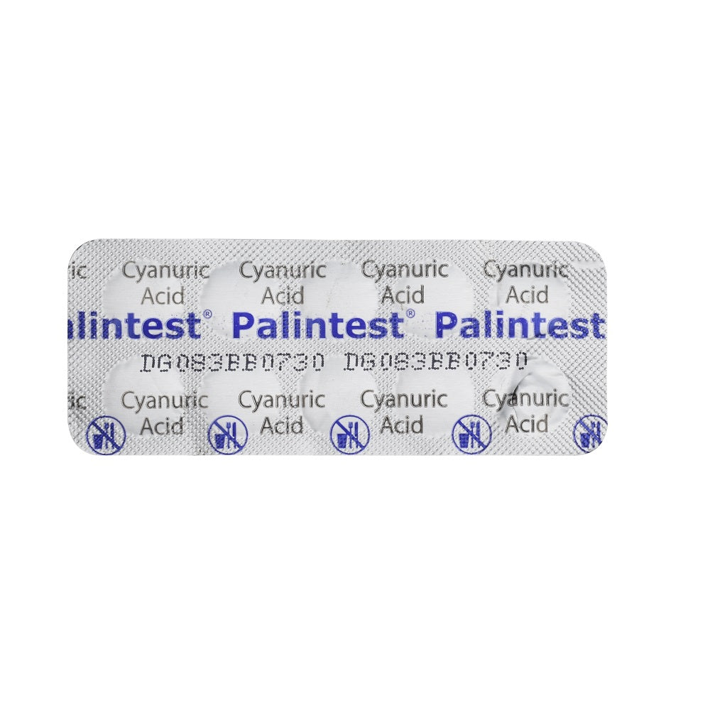 Palintest Cyanuric Acid blister strip containing 10 white test tablets in silver foil packaging with blue branding