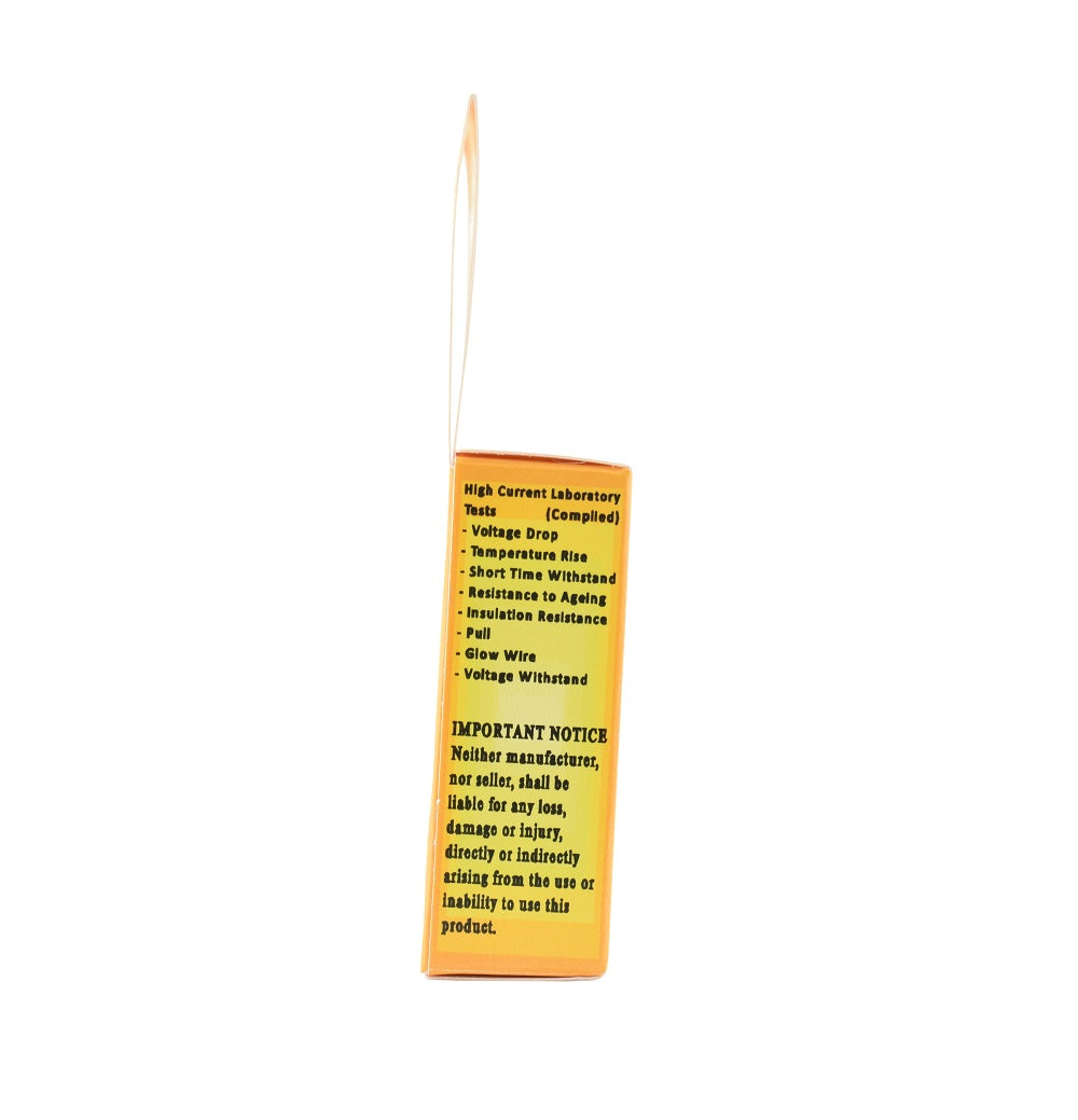 Orange and yellow resin cable joint box side panel showing high current laboratory test compliance list and important notice disclaimer text