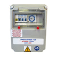 Grey Aqua Pro DB Box 300V with circuit breakers, analogue timer, and safety labels for normal light and LED pool transformers