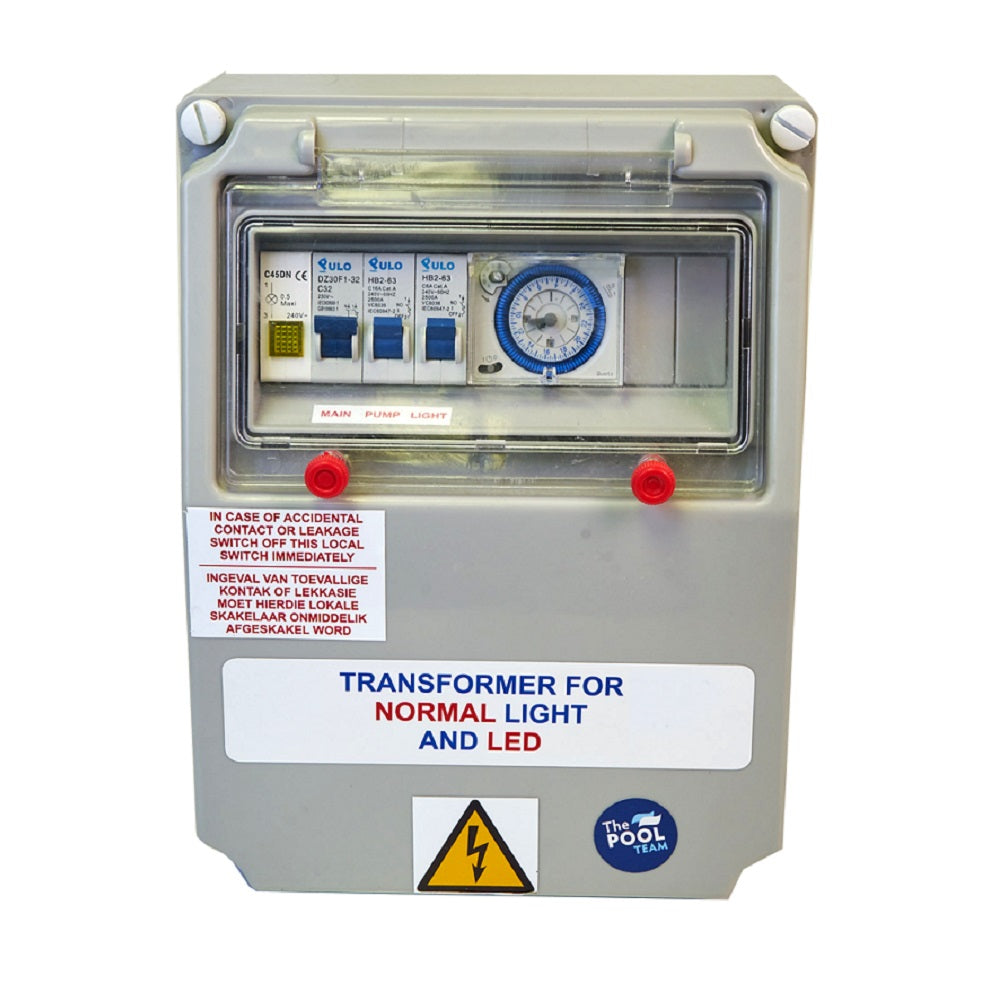 Grey Aqua Pro DB Box 300V with circuit breakers, analogue timer, and safety labels for normal light and LED pool transformers