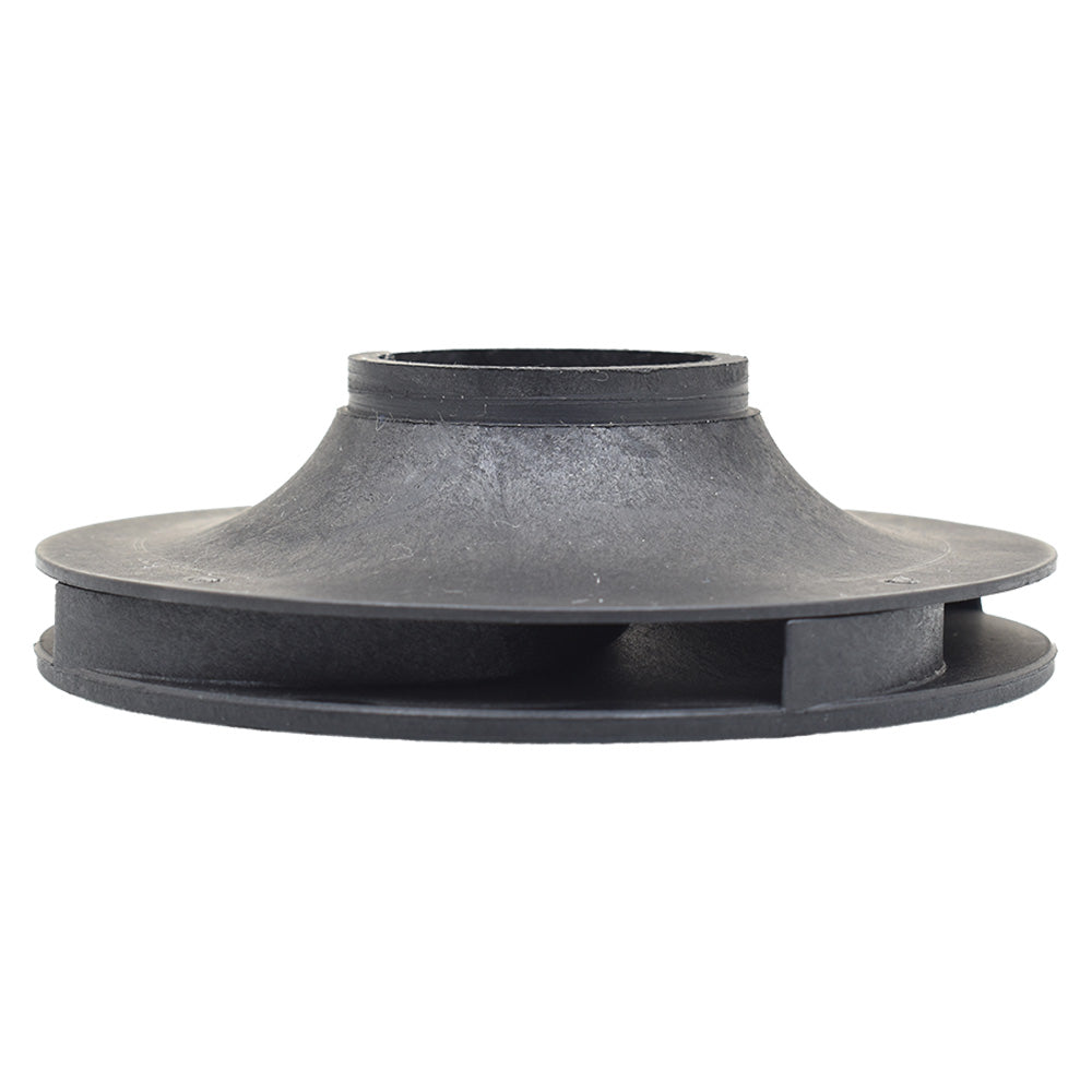 Black plastic pump impeller 0.75kW with centred hub, curved vanes and flat disc base, side profile view