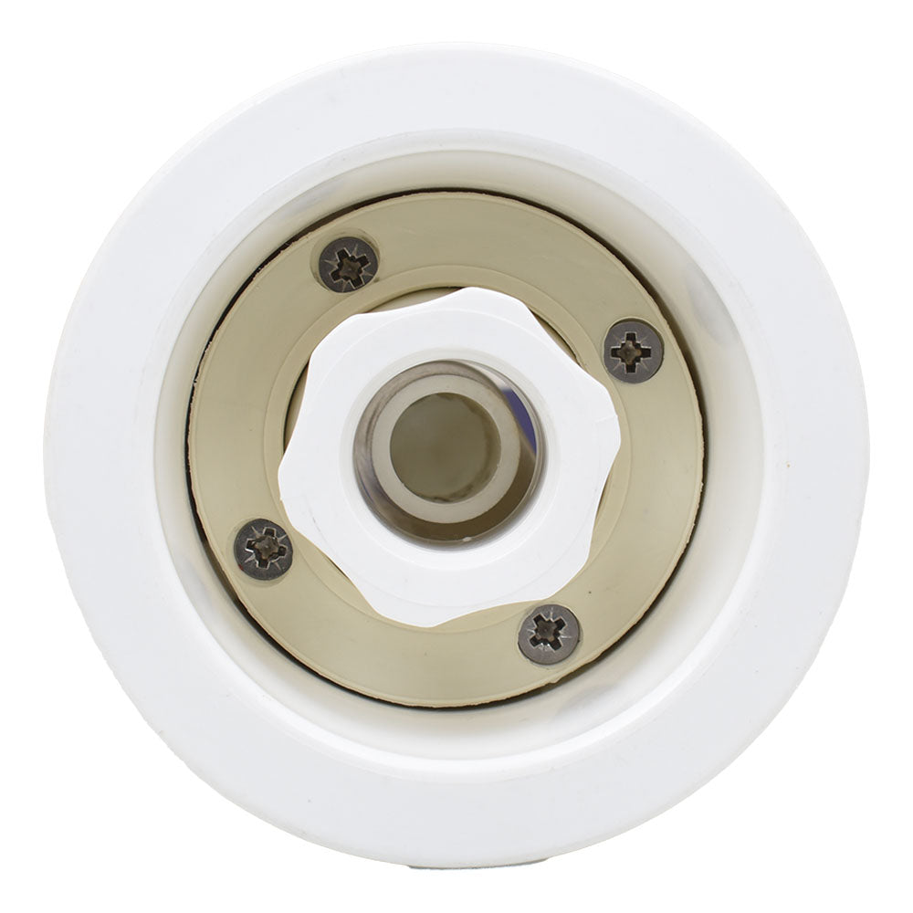 White gunite spa jet P30 with circular white plastic housing, central adjustable nozzle and four stainless steel screws on metal face plate