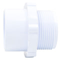 White PVC tank fitting adapter with male threaded end and smooth socket end for pipe filter connections