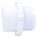 White PVC tank fitting adapter with male threaded end and smooth socket end for pipe filter connections