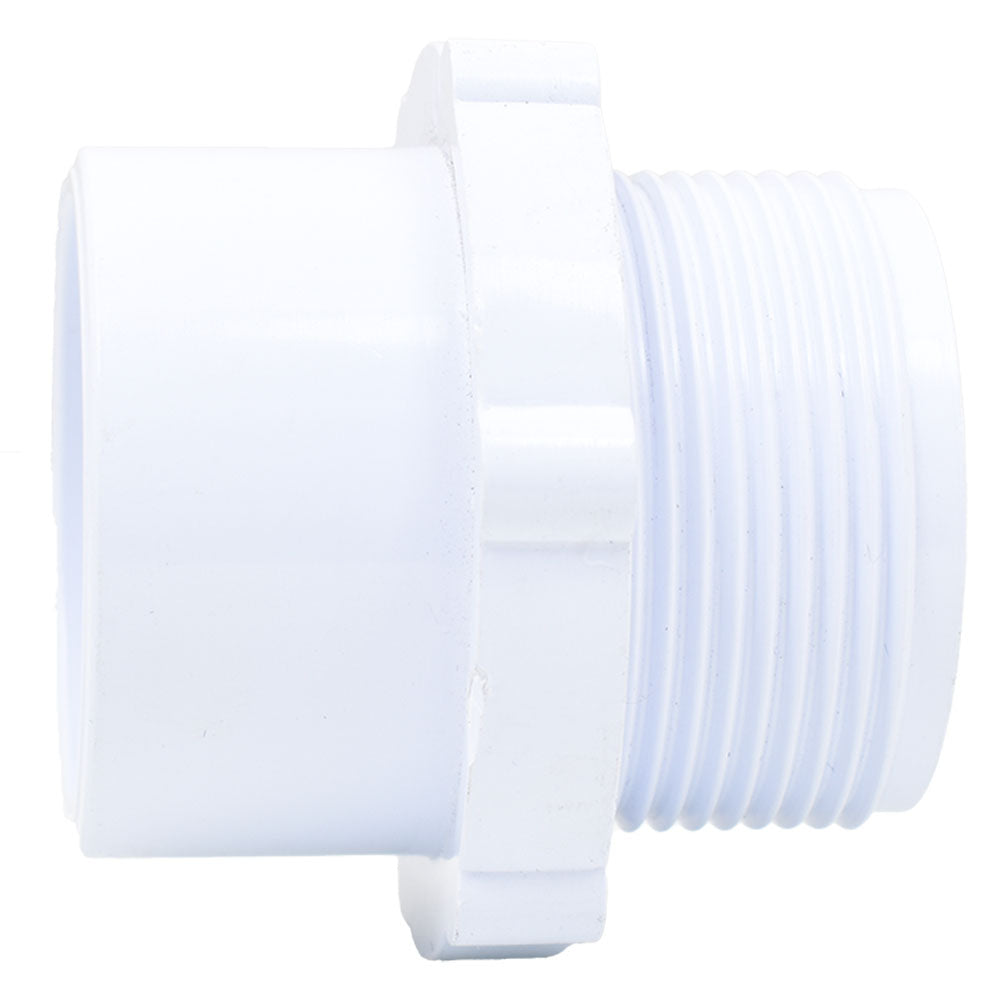 White PVC tank fitting adapter with male threaded end and smooth socket end for pipe filter connections
