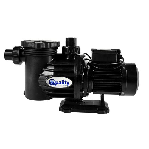 Quality Pool & Spa 0.75kW Swimflo 2 pump and motor in all-black plastic housing with ribbed motor casing and strainer lid, on white background