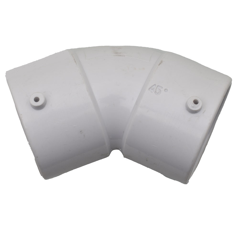 White PVC 45-degree elbow fitting for 50mm conduit with two screw-mount holes and embossed angle marking
