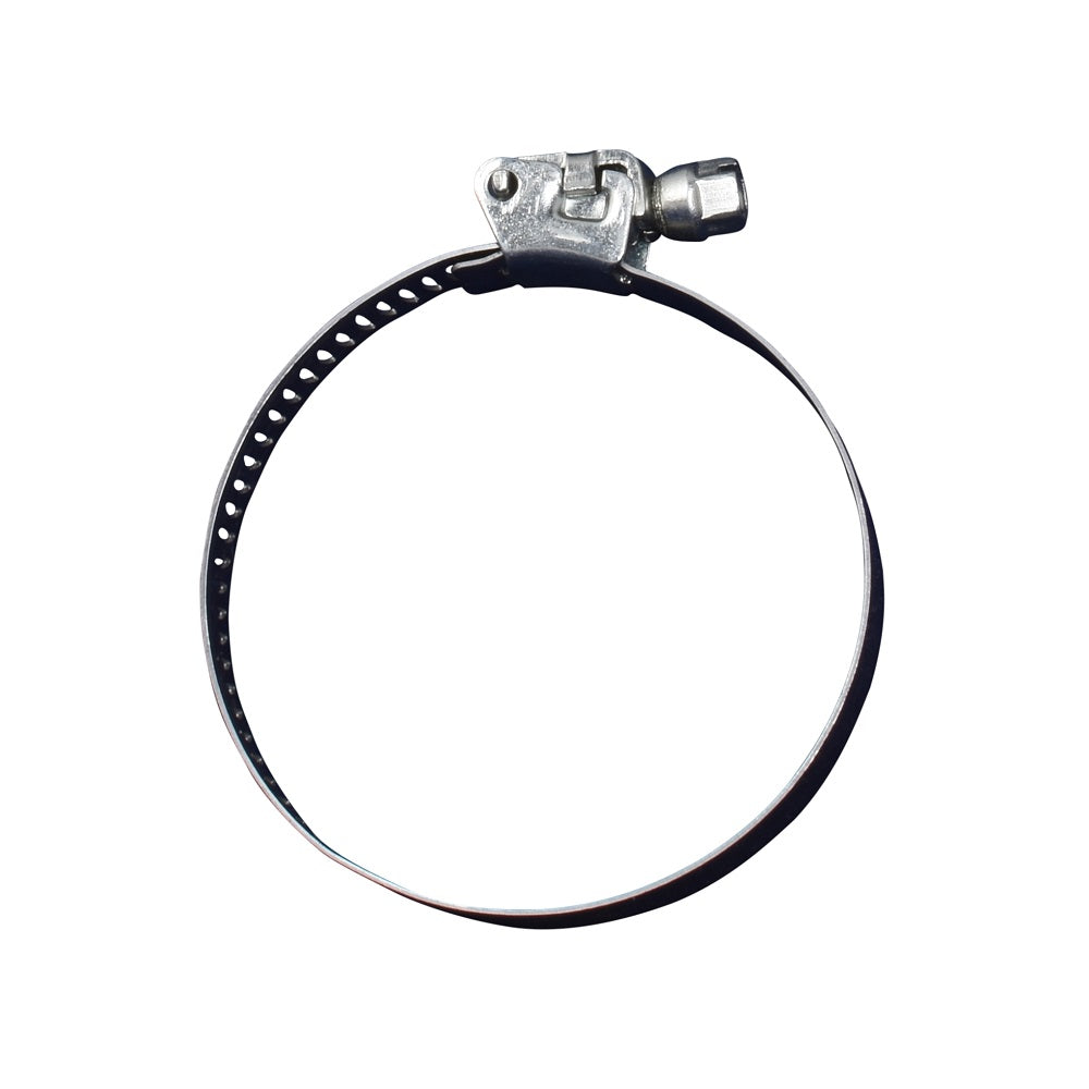 Stainless steel hose clamp 40mm with perforated band and hex screw tightening mechanism, circular form