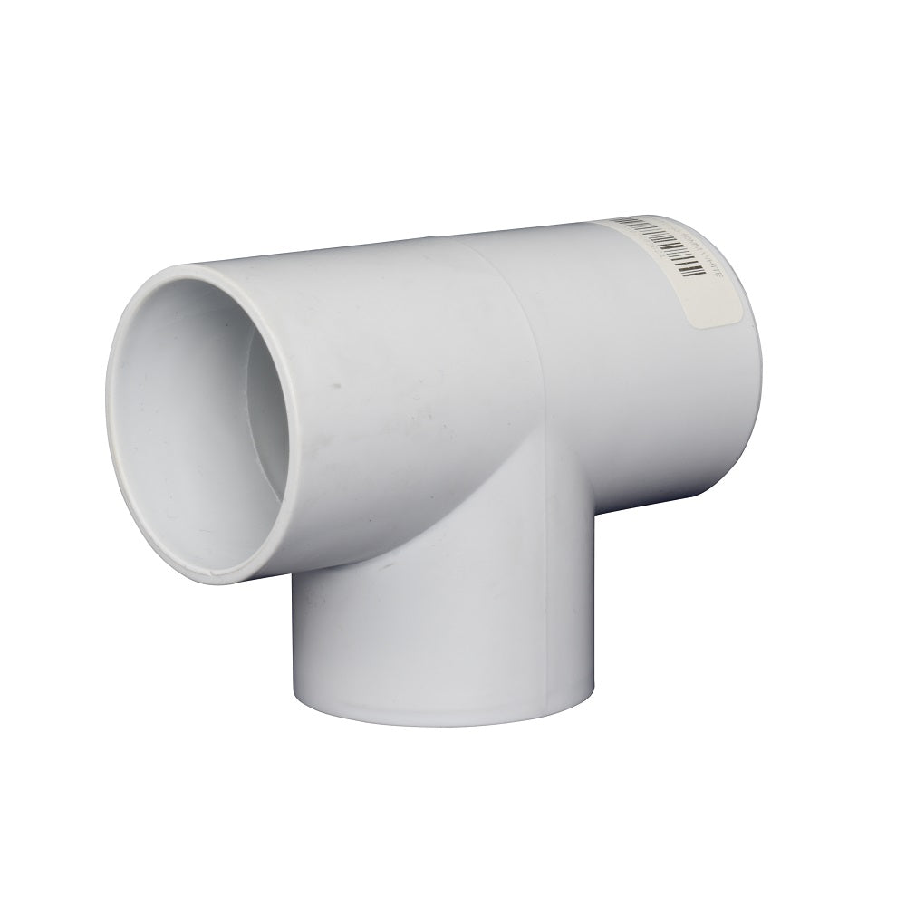 White PVC T-piece pipe fitting 50mm with three socket ends and barcode label on white background